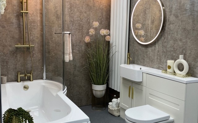 R2 Stow fitted furniture in natural white, Aqualla brassware, Multipanel Stone Elements.