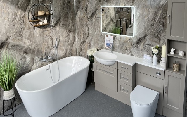 Vanity Hall fitted furniture in Cappuccino Woodgrain. White Space Como Bath, Multipanel Cappuccino Stone